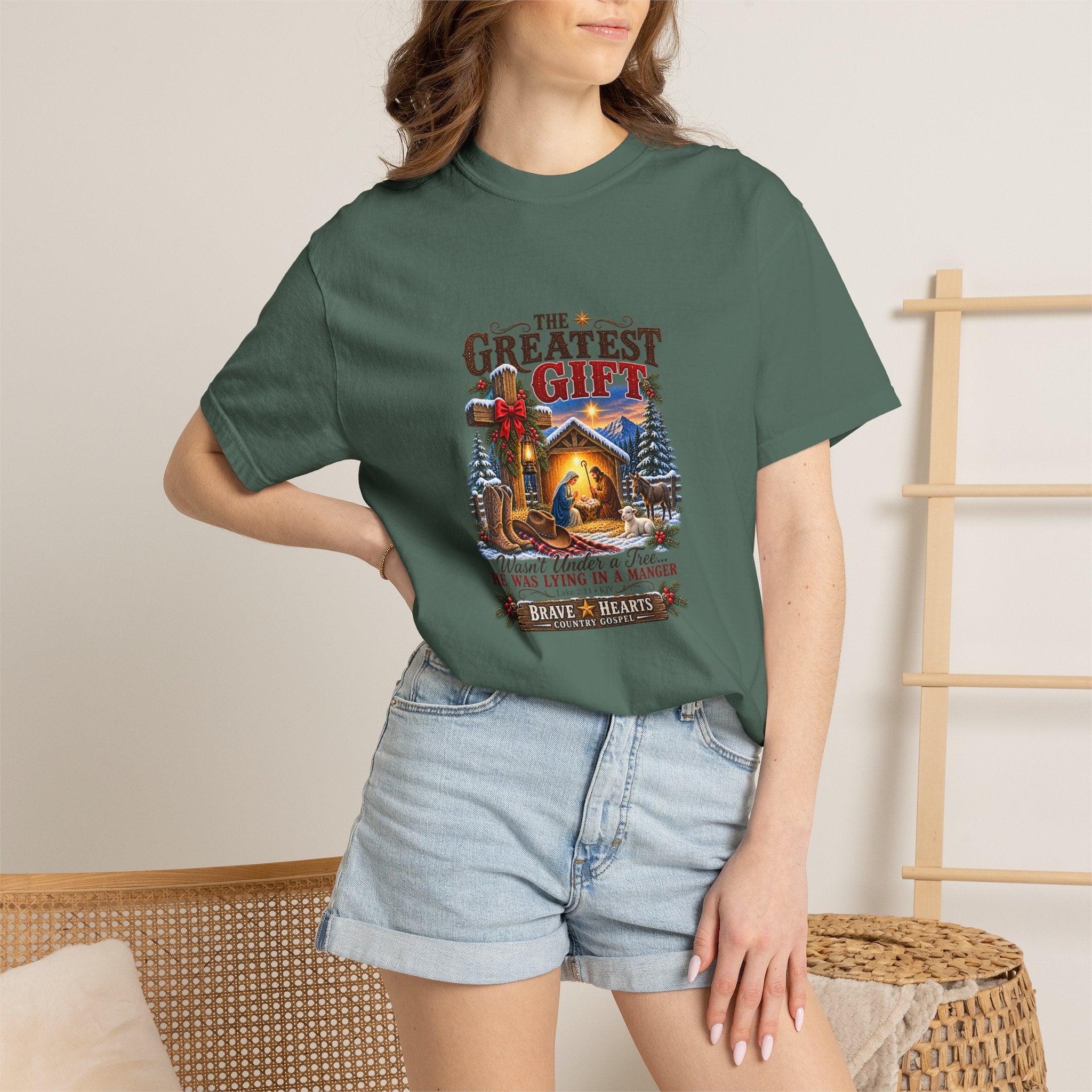 Greatest Gift Lying in a Manger — Brave Hearts Country Gospel T-Shirt