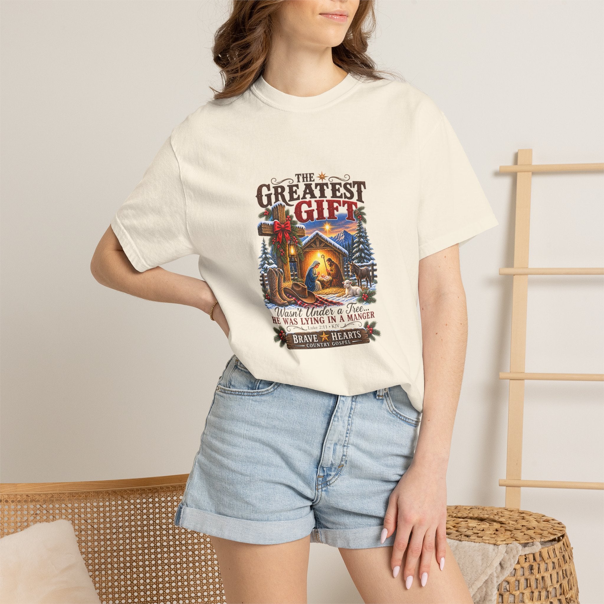 Greatest Gift Lying in a Manger — Brave Hearts Country Gospel T-Shirt