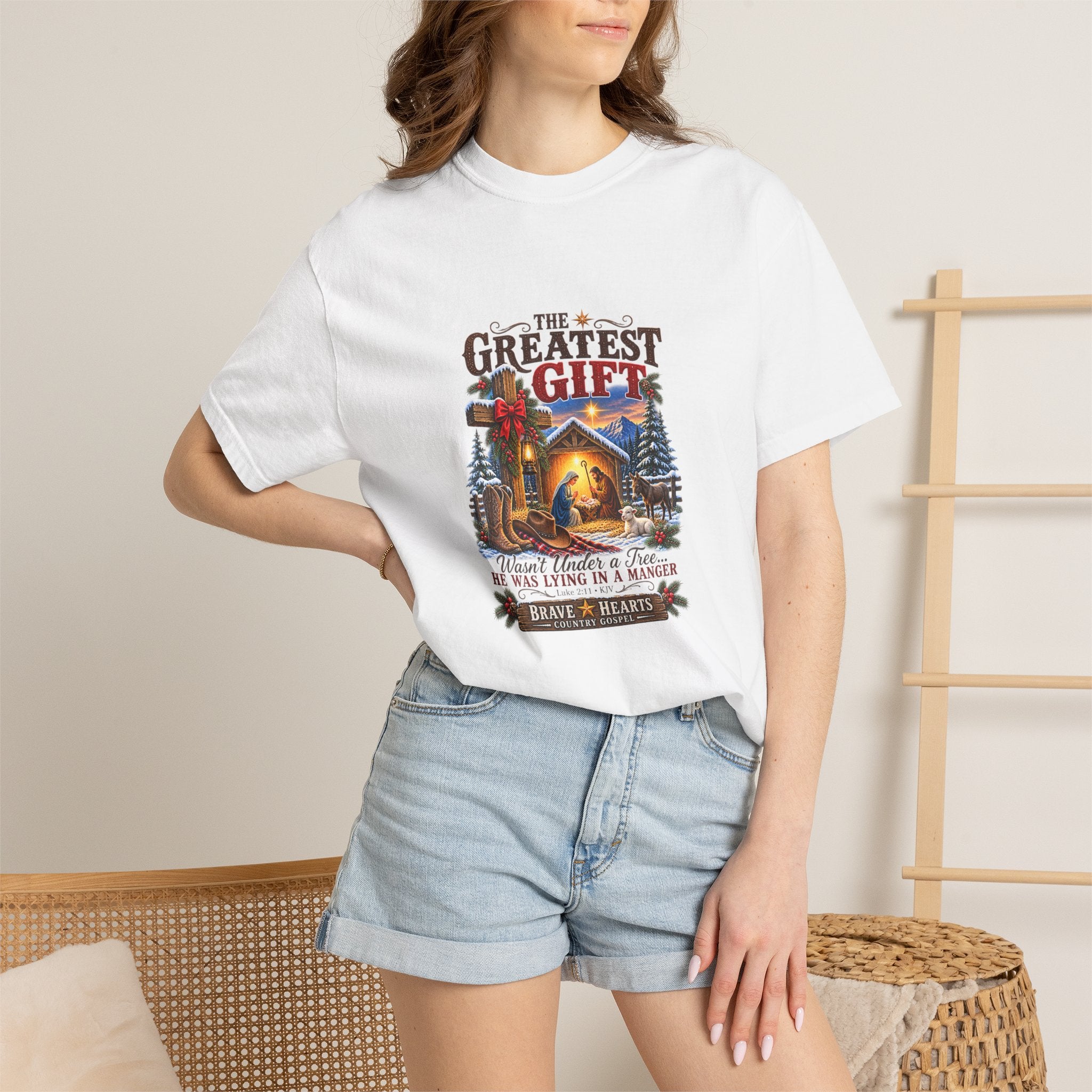 Greatest Gift Lying in a Manger — Brave Hearts Country Gospel T-Shirt