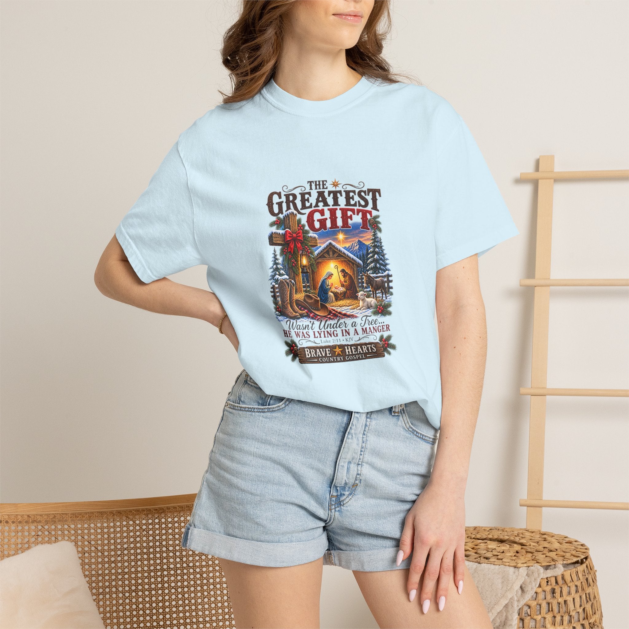Greatest Gift Lying in a Manger — Brave Hearts Country Gospel T-Shirt