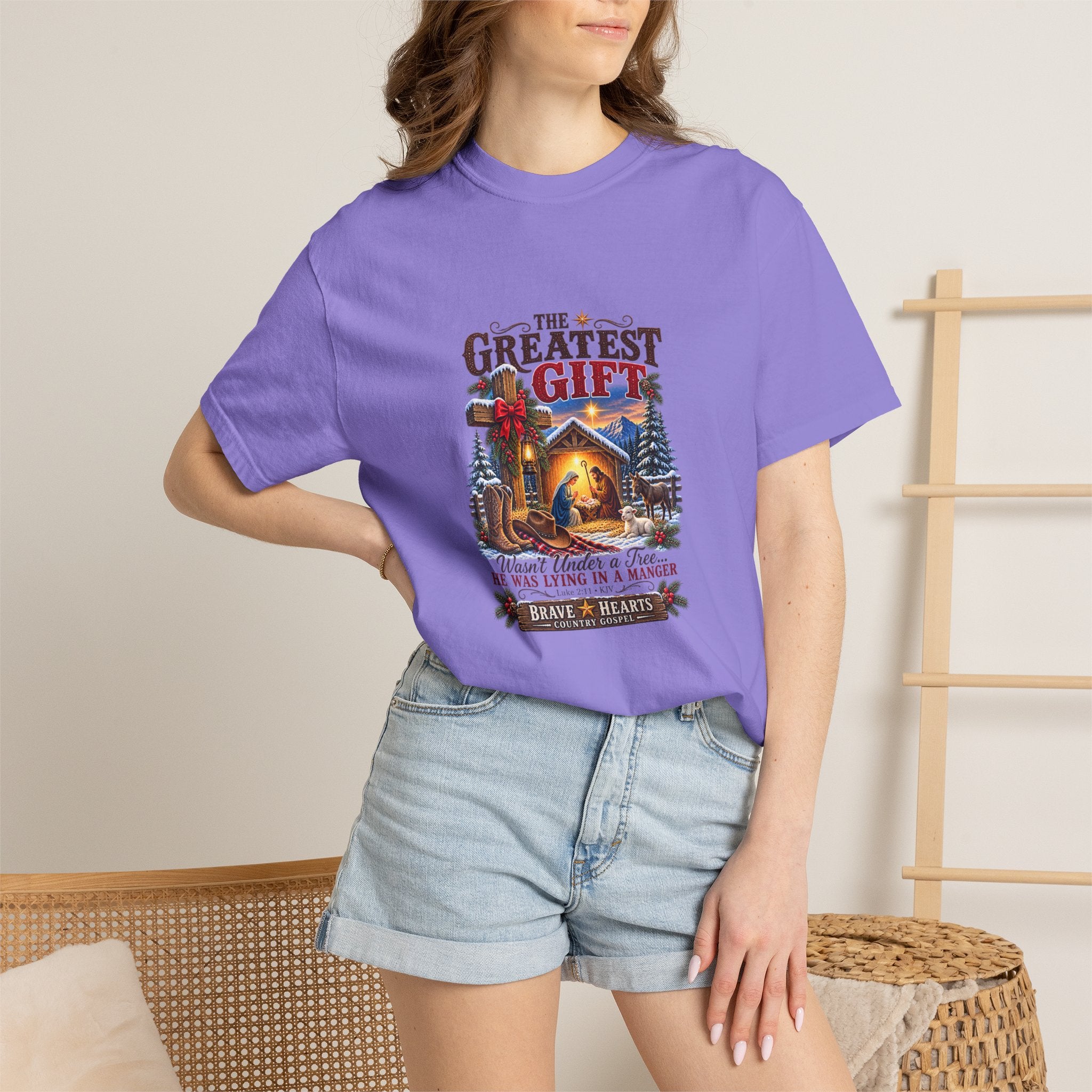 Greatest Gift Lying in a Manger — Brave Hearts Country Gospel T-Shirt