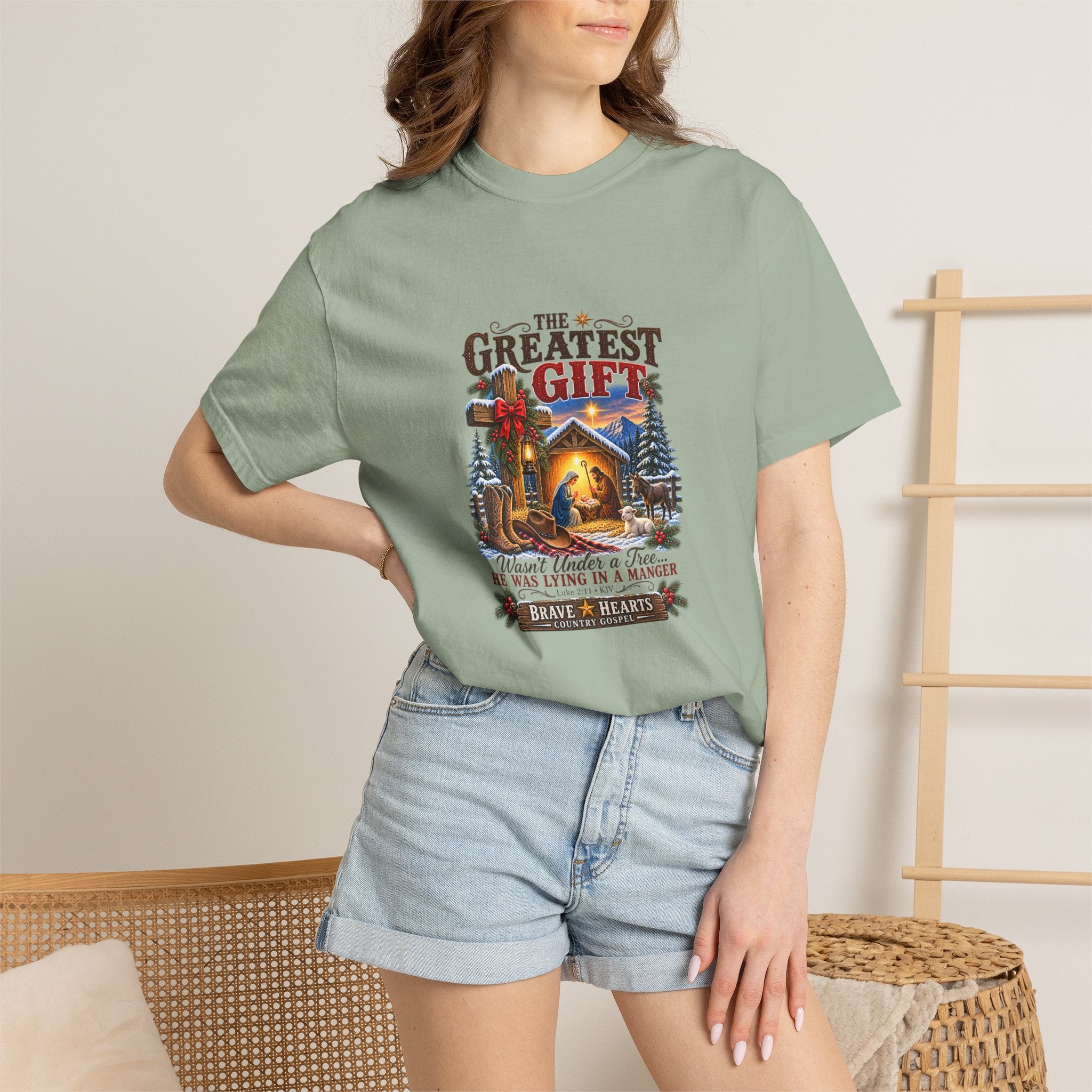 Greatest Gift Lying in a Manger — Brave Hearts Country Gospel T-Shirt