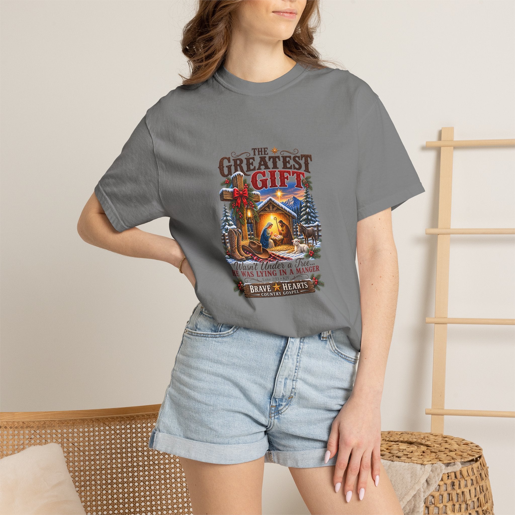 Greatest Gift Lying in a Manger — Brave Hearts Country Gospel T-Shirt