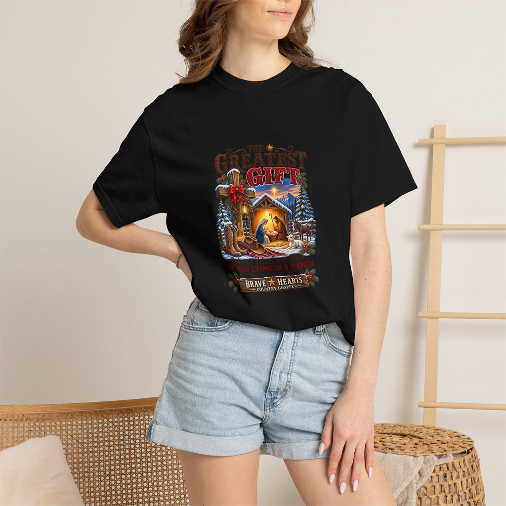 Greatest Gift Lying in a Manger — Brave Hearts Country Gospel T-Shirt
