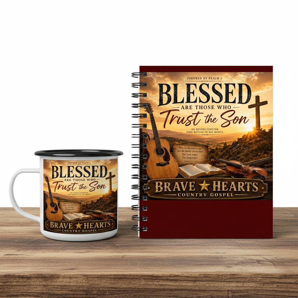Blessed Are Those Who Trust the Son Morning Devotional Set — enamel mug and spiral notebook bundle by Brave Hearts Country Gospel