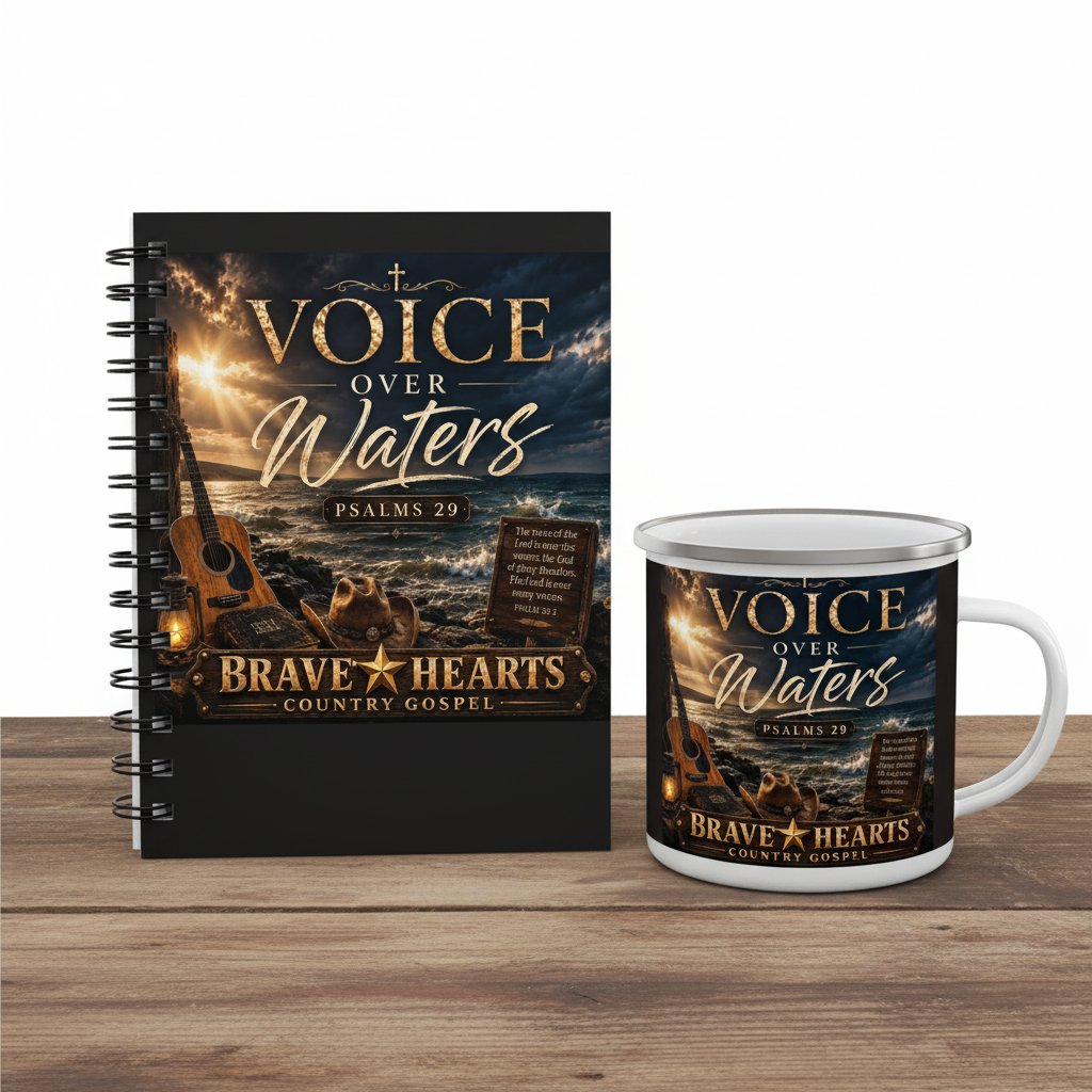 Voice Over Waters Morning Devotional Set — enamel mug and spiral notebook bundle by Brave Hearts Country Gospel